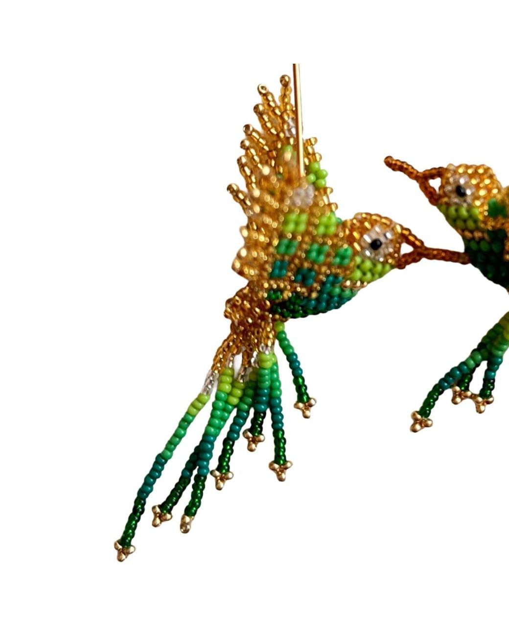 Iliana Arrazola Green Hummingbird Dangle Earrings, Glass Beads, Beaded Jewelry