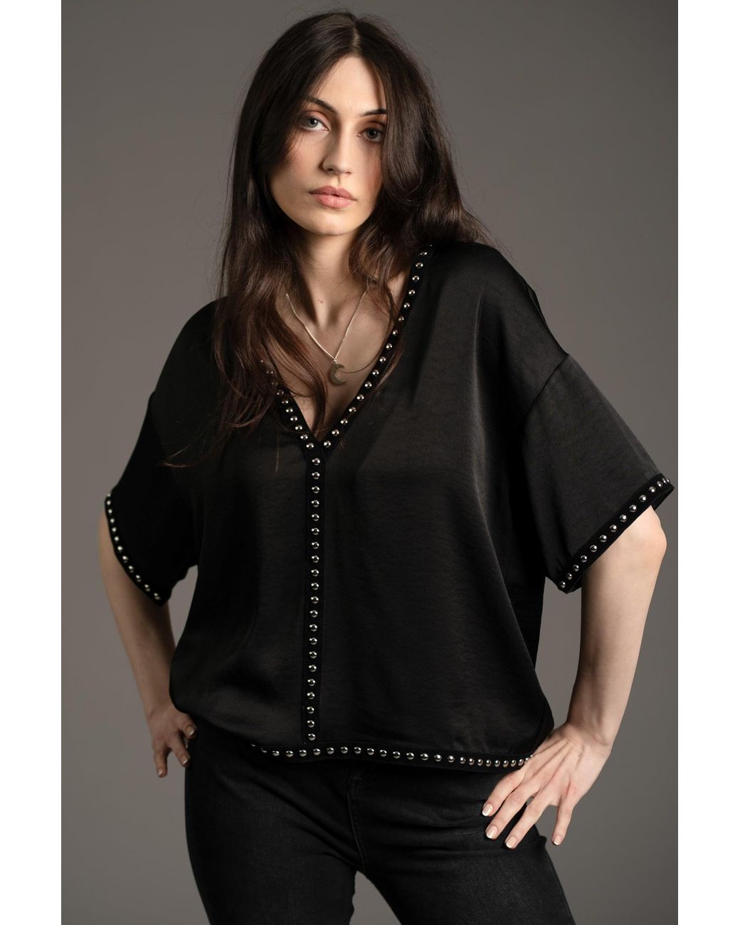 Little Lies Black Lita Studded Satin Tee