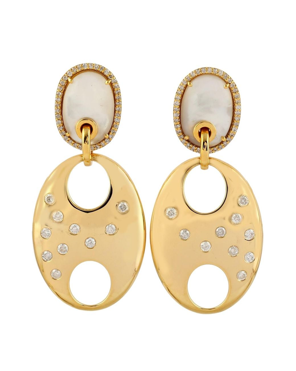 Artisan Metallic 14k Gold In Pave Diamond & Mother Of Pearl Flat Anchor Link Dangle Earrings