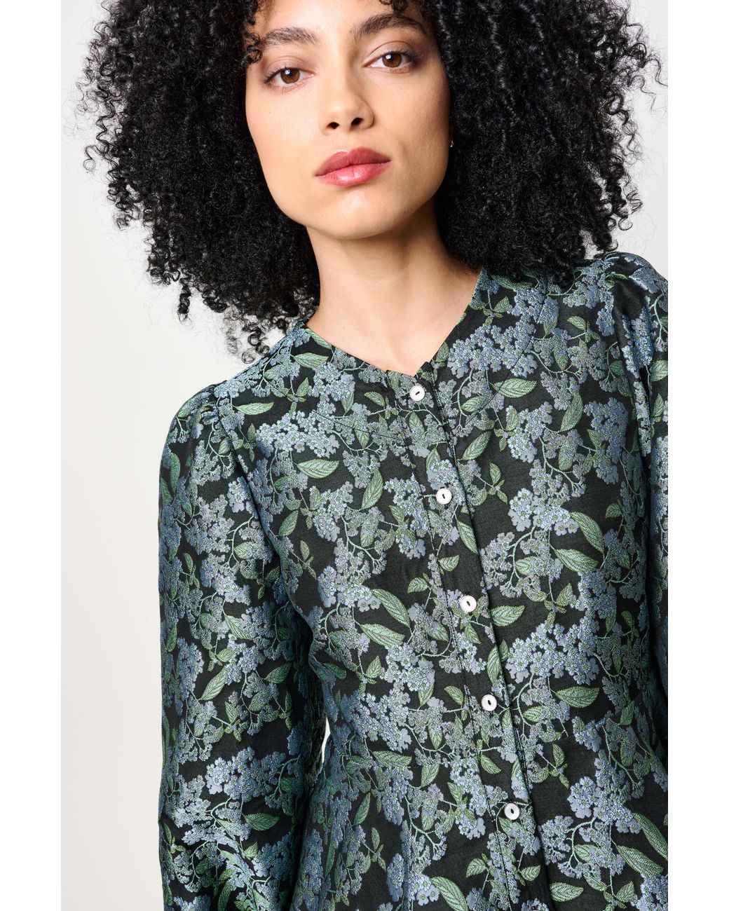 Louche Green Clementine Blossom Jacquard Peplum Blouse