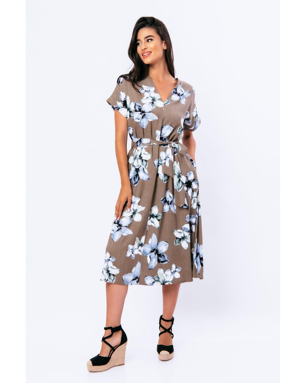 Conquista Blue Linen Style Floral Print Midi Dress With Belt