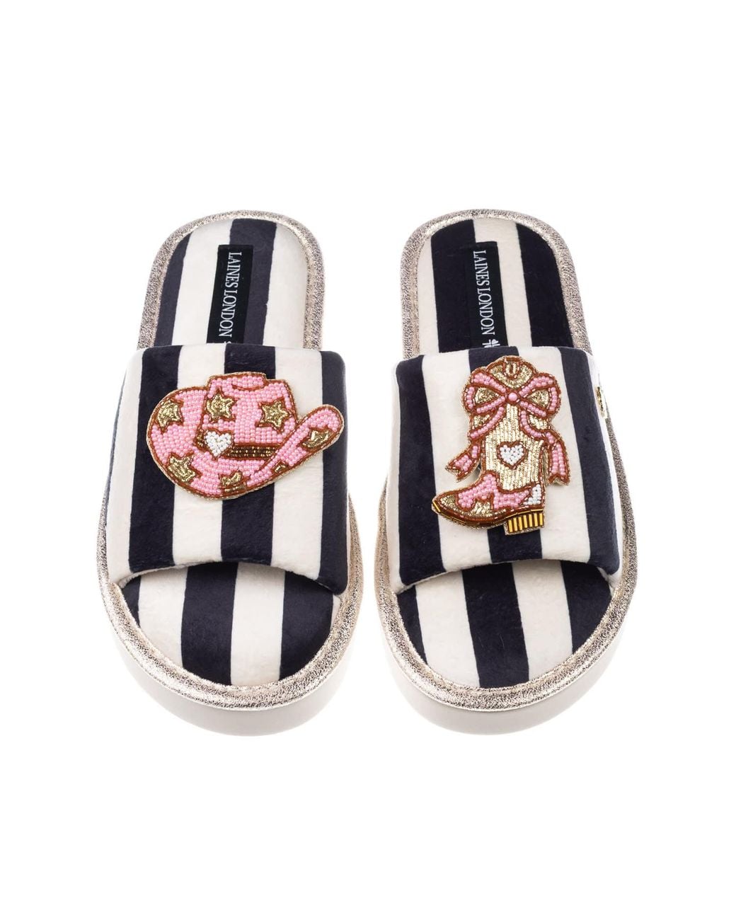 Laines London Multicolor Flatform Stripe Open Toe Slippers With Cowgirl Hat & Cowgirl Boots Brooches