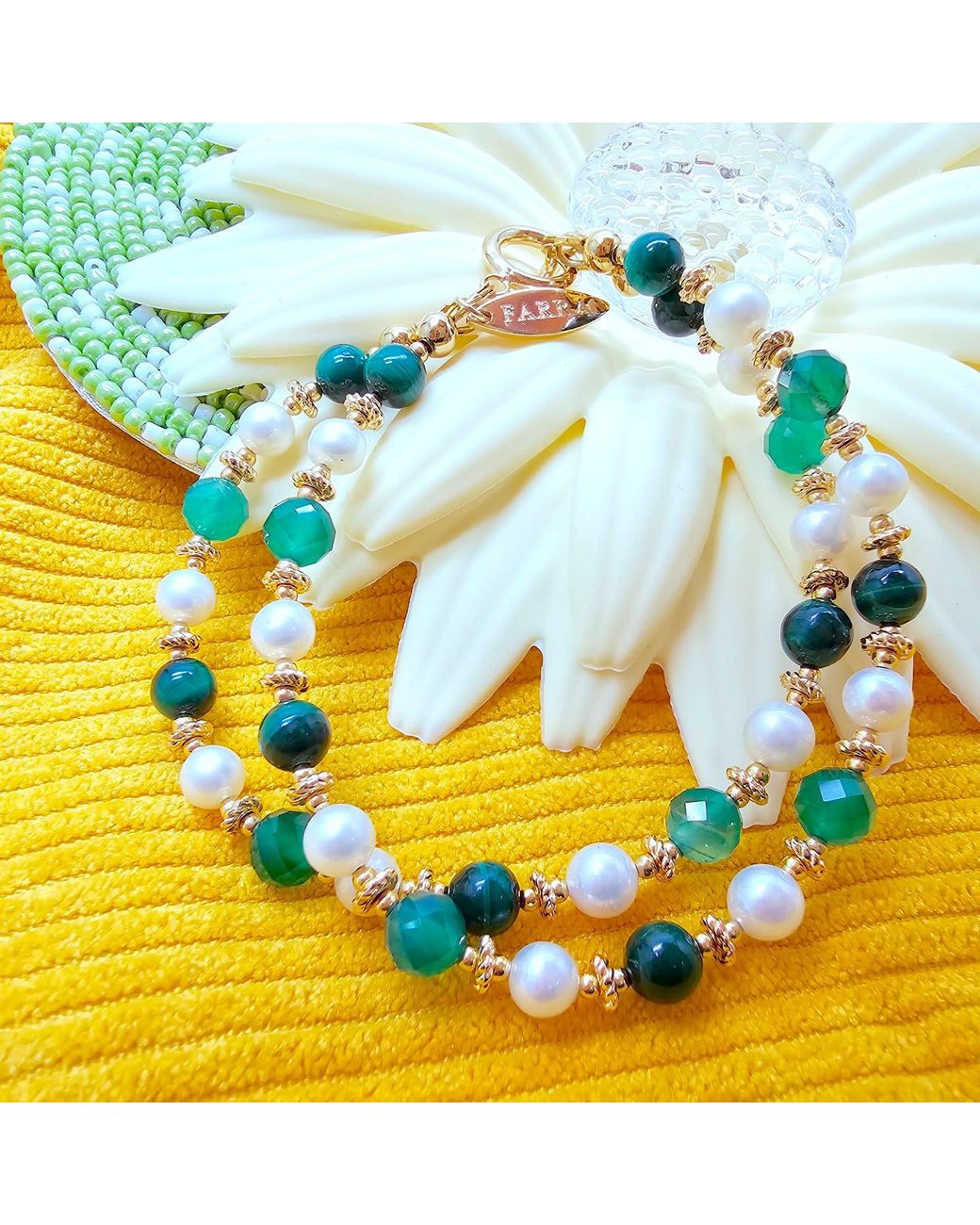 Farra Green Gemstone With Freshwater Pearl Double Layers Bracelet