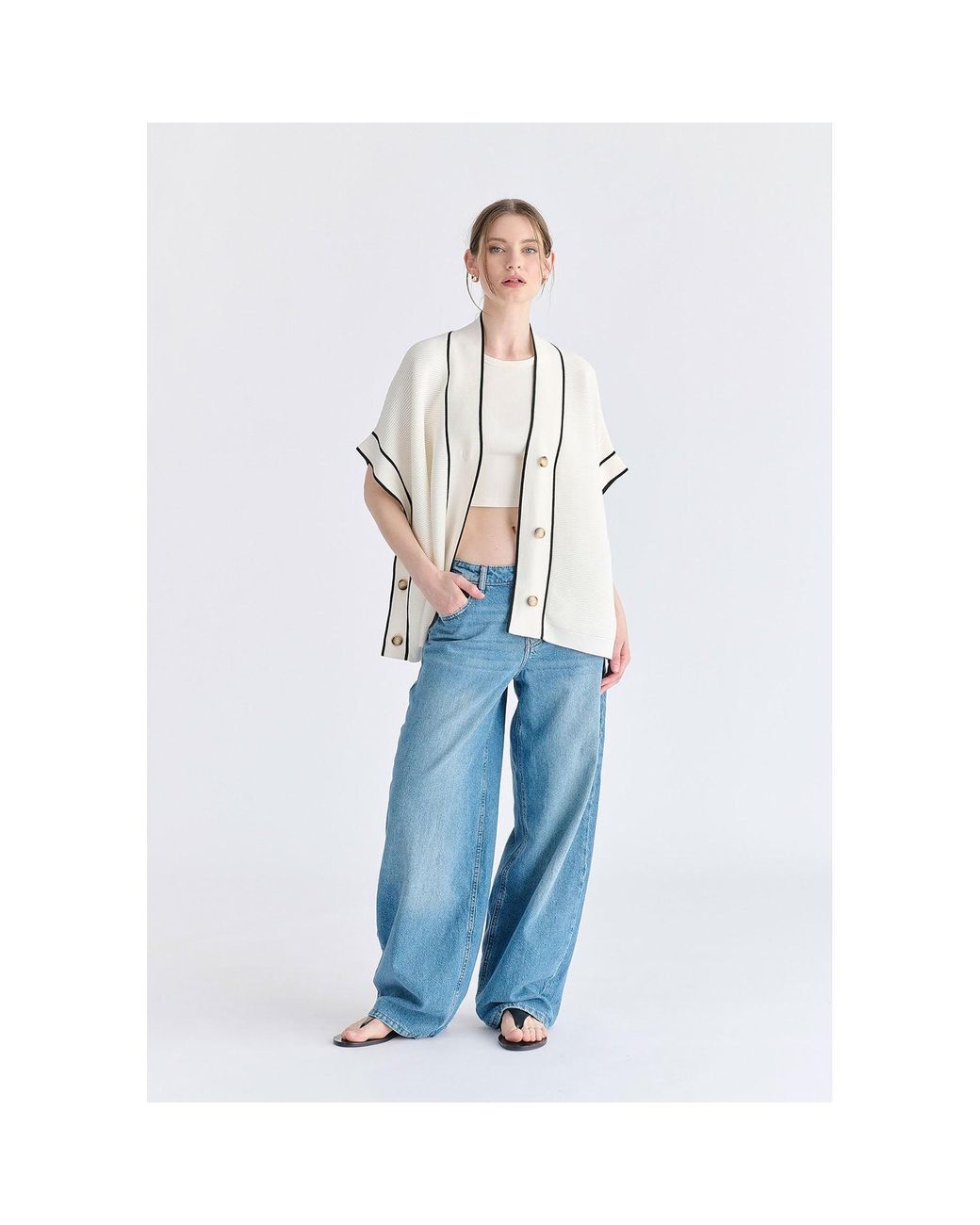 Paisie Metallic Button Details Kimono Ribbed Cardigan