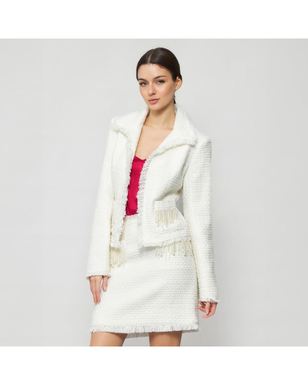 Solgo Atelier White Tia Shimmering Tweed Bouclé Crop Jacket