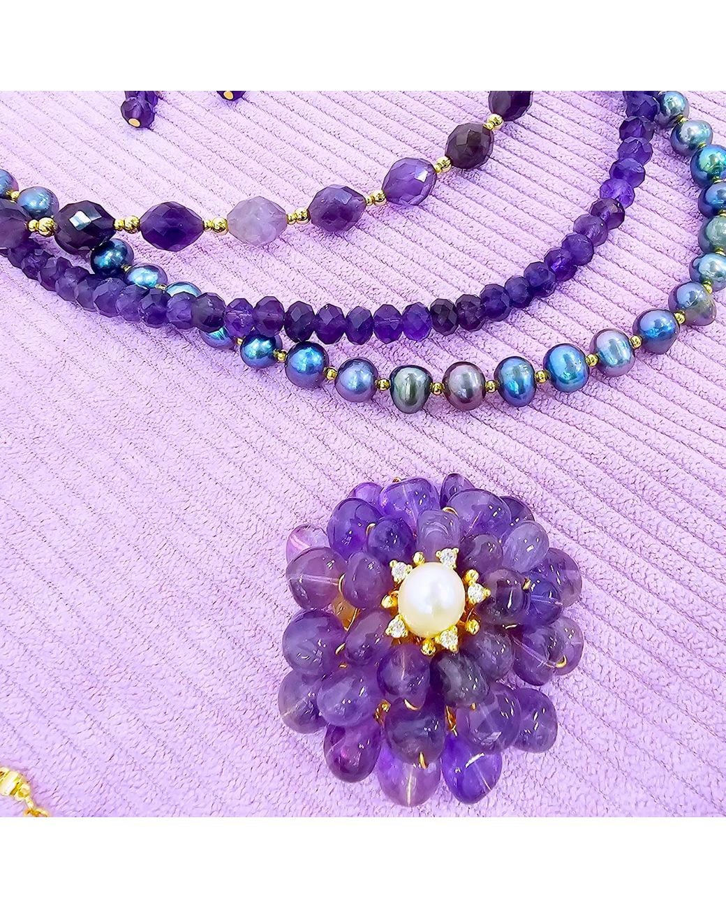 Farra Purple Flower Shaped Amethyst With Freshwater Pearl Brooch