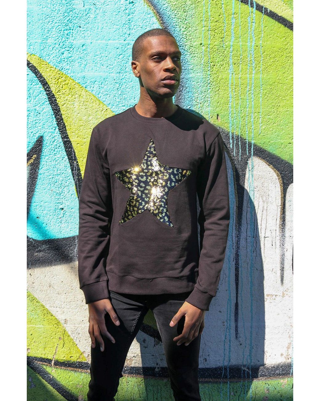 Any Old Iron Blue Golden Leopard Large Sequin Star Sweatshirt