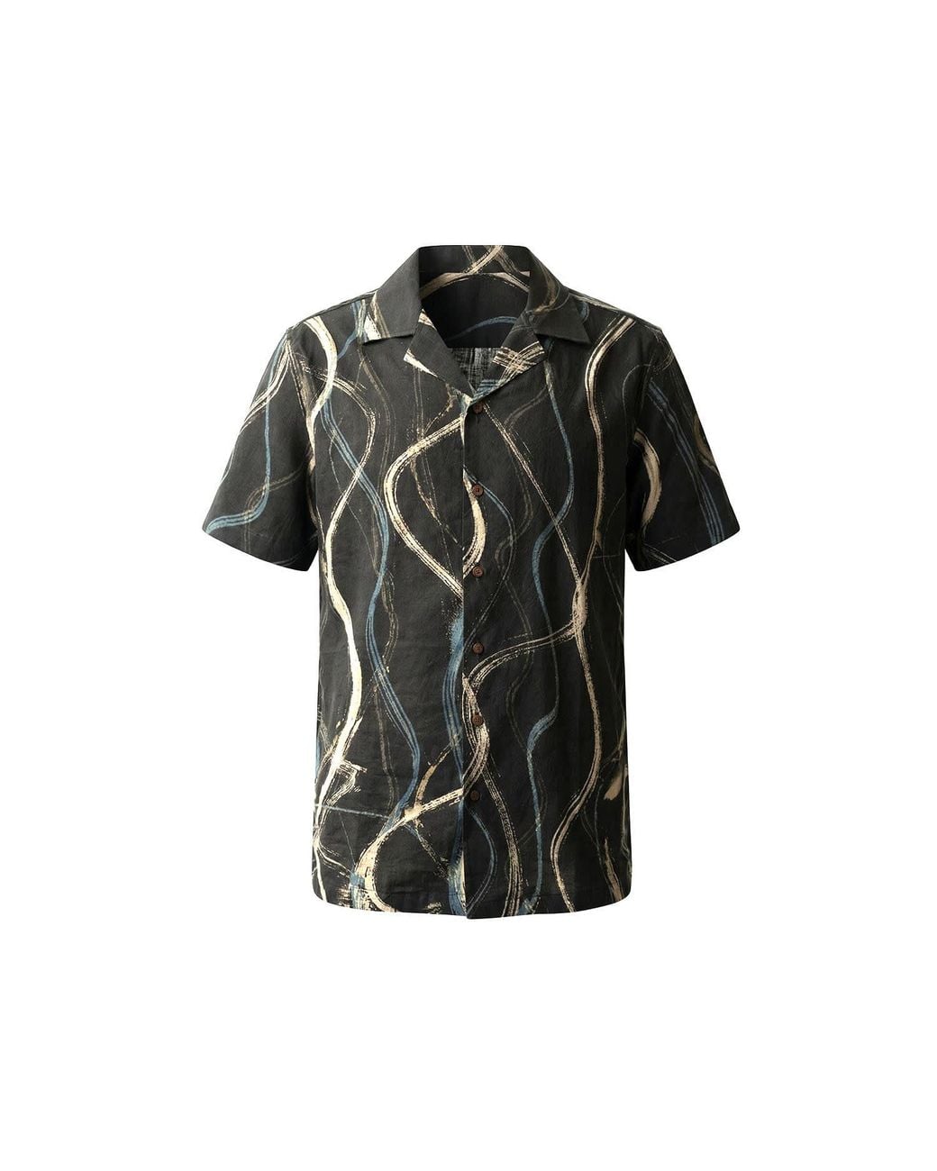 Stovaria Black Camp Collar Half Sleeve Organic Cotton Shirt With Abstract Brush Print for men