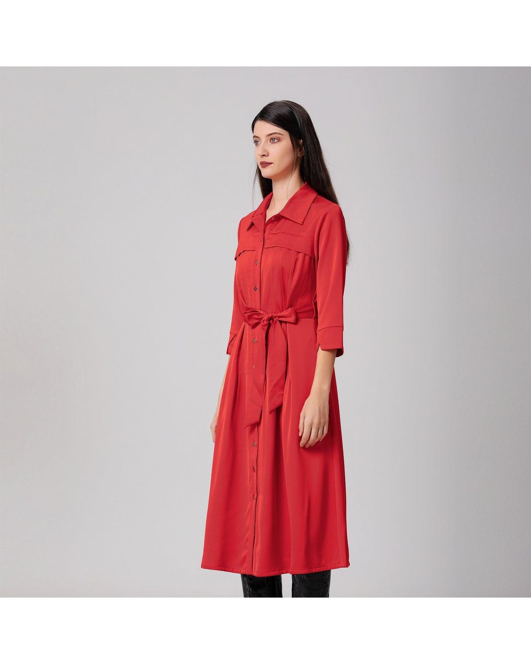 Smart and Joy Red Stitched Pleats Shirt-Dress