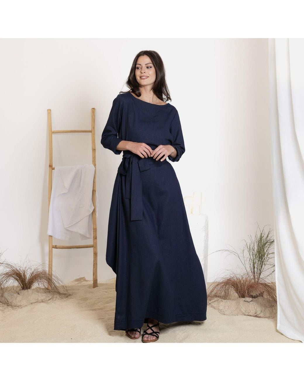 Nikka Place Blue Maxi Linen Kaftan Dress With Tie And Bracelet Sleeves