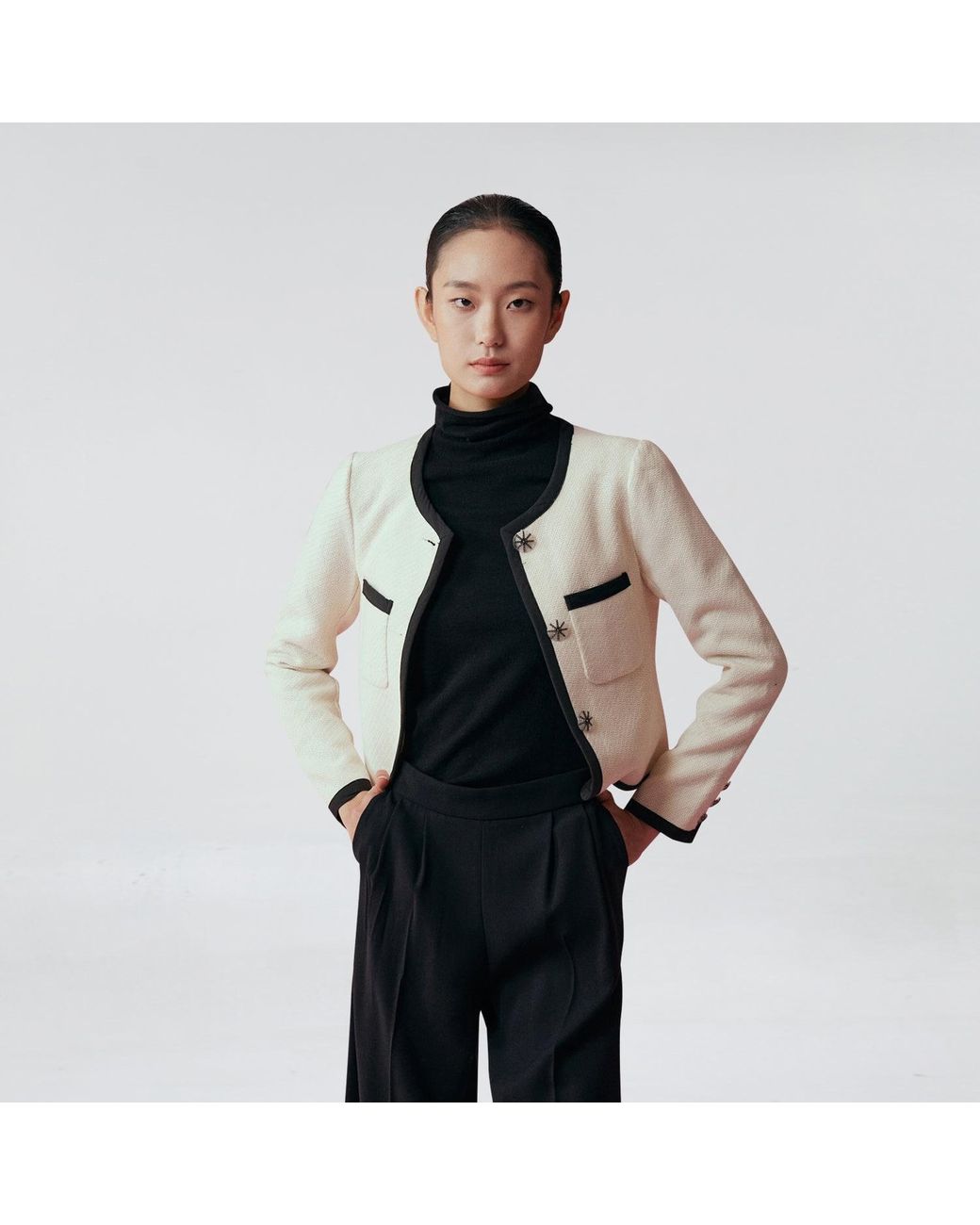 Smart and Joy White Neutrals Short Jacket With Contrasting Trims