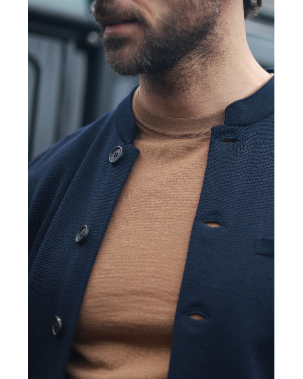 Paul James Knitwear Blue Extra Fine Merino Wool Alonzo Knitted Nehru Jacket for men