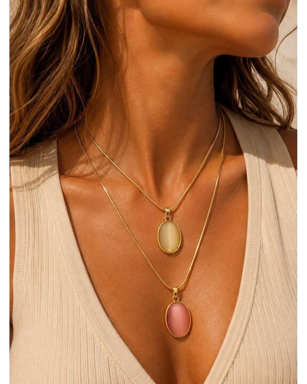 By Ozge Metallic Cat's Eye Plated Long Necklace
