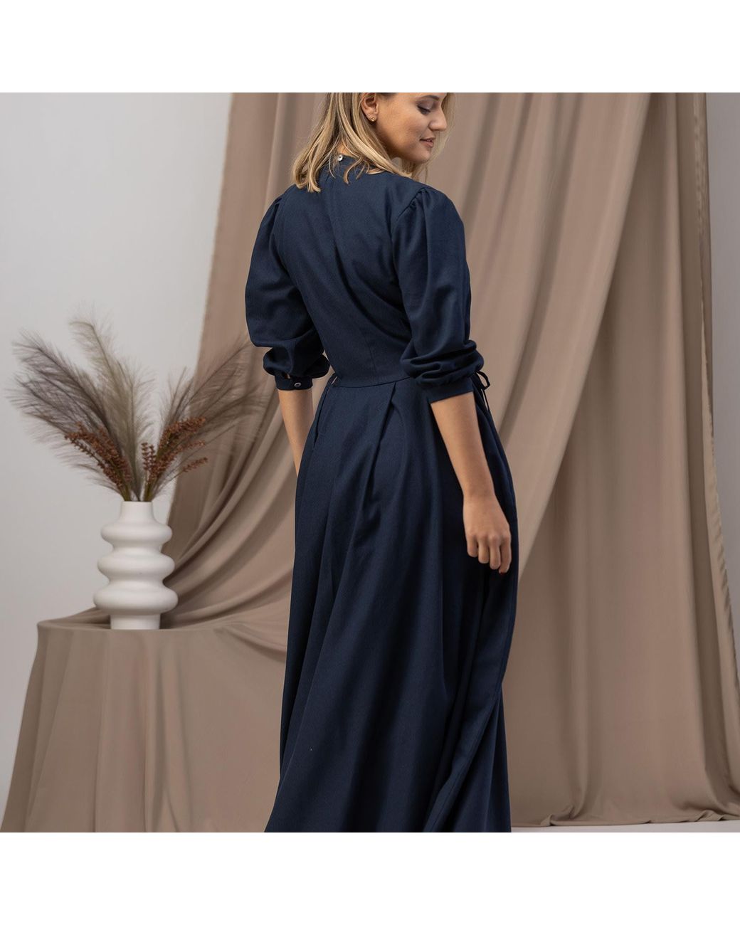 Nikka Place Blue Vintage Inspired Linen Dress With Puff Sleeves And Pockets