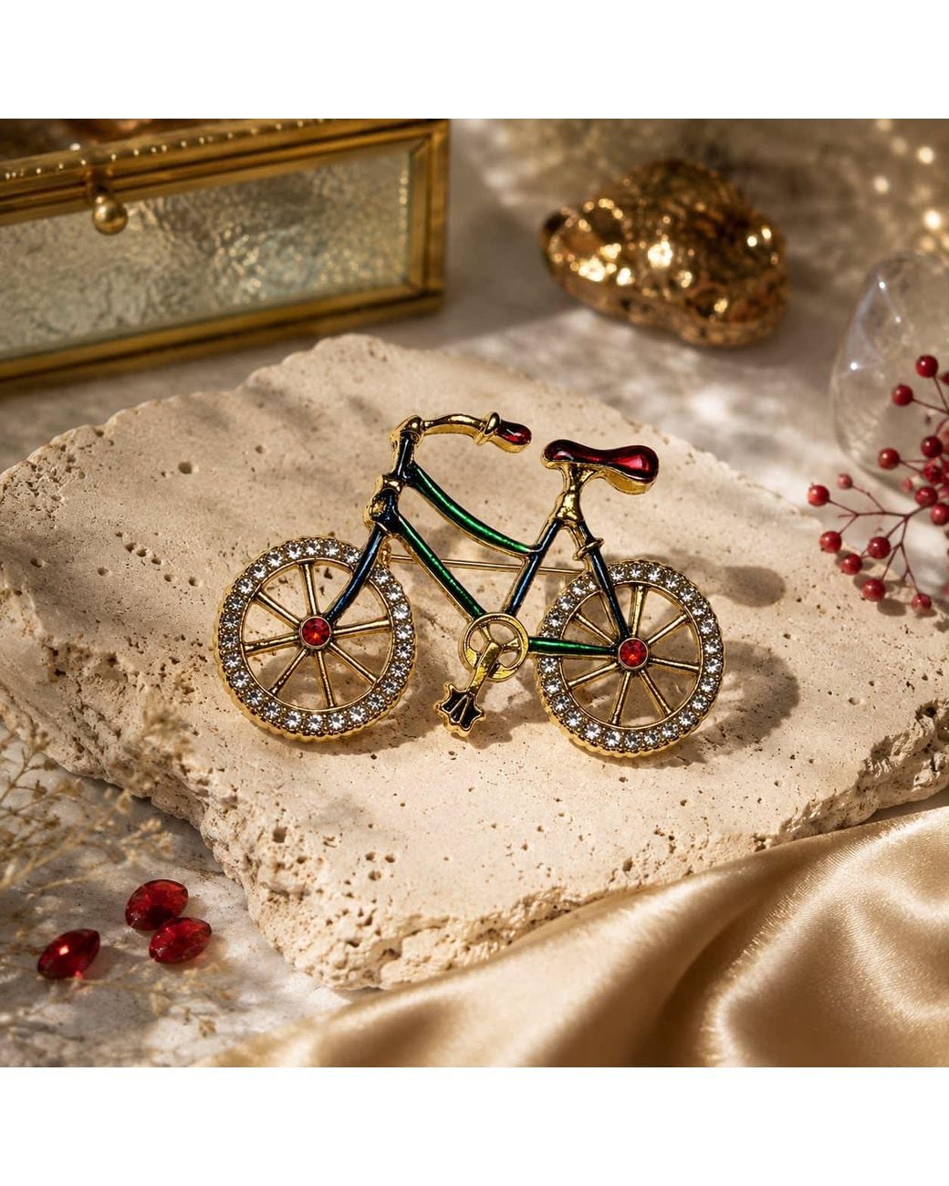 By Ozge Metallic Joyride Colourful Enamel And Zirconia Vintage Tone Bicycle Brooch