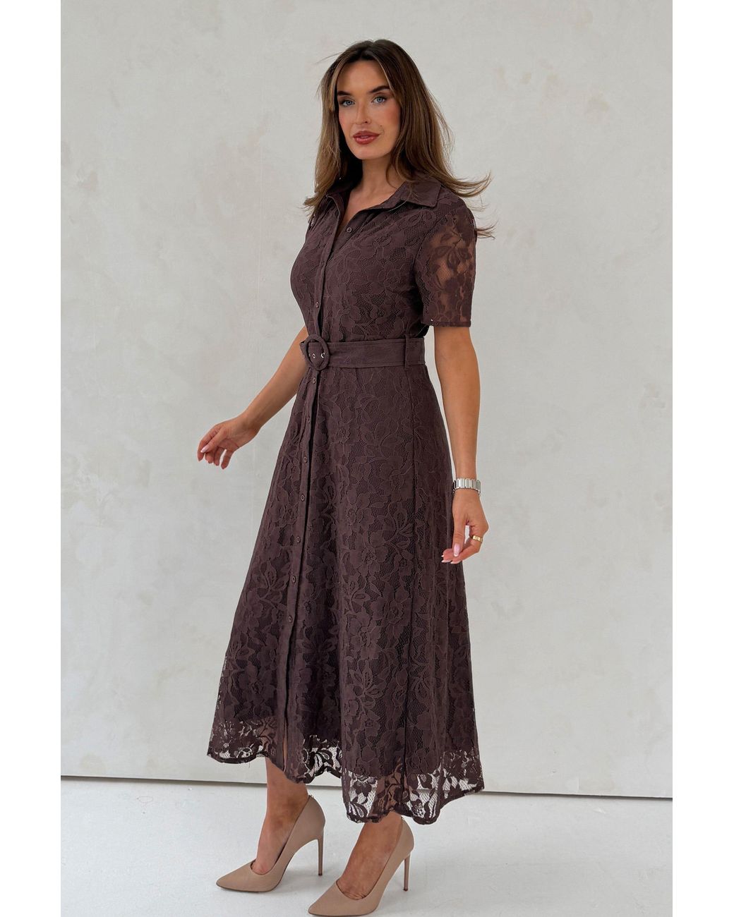 Girl In Mind Brown Tansy Short Sleeve Lace Shirt Dress