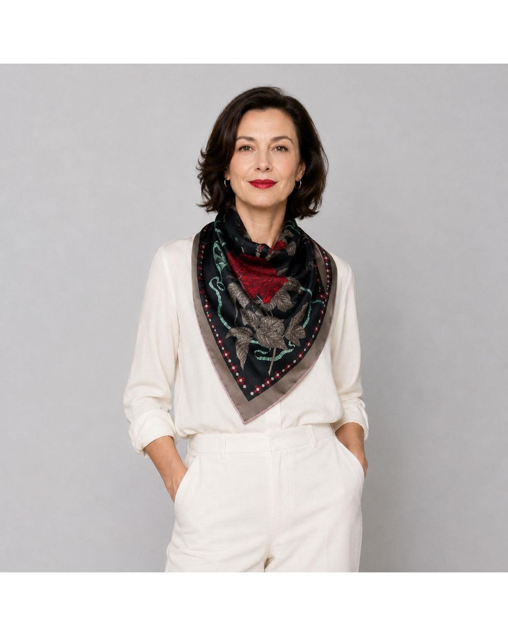 Wenzi Black Midnight Roses Rouge Double Sided Silk Twill Scarf