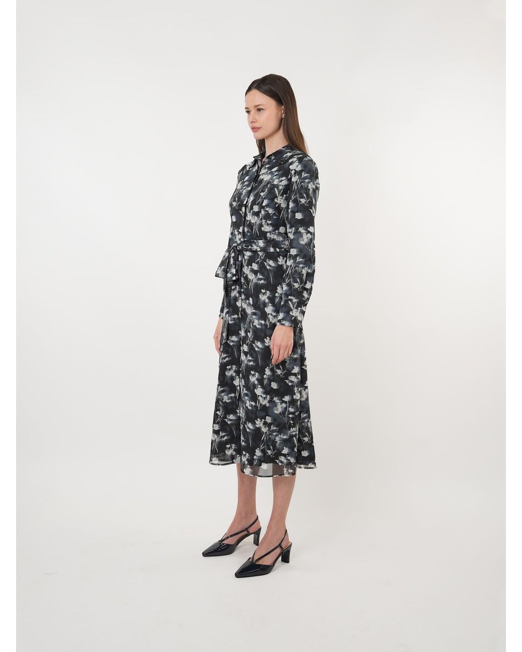 John Abgin Black Chiffon Scatter Printed Shirt Dress