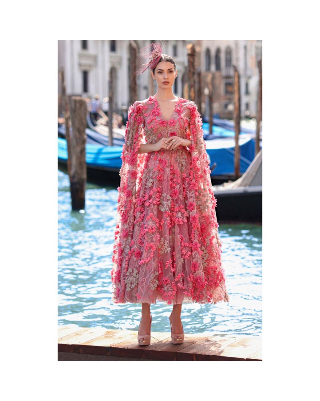 MATSOUR'I Pink Dress Hortensia With Detachable Sleeves Coral Midi