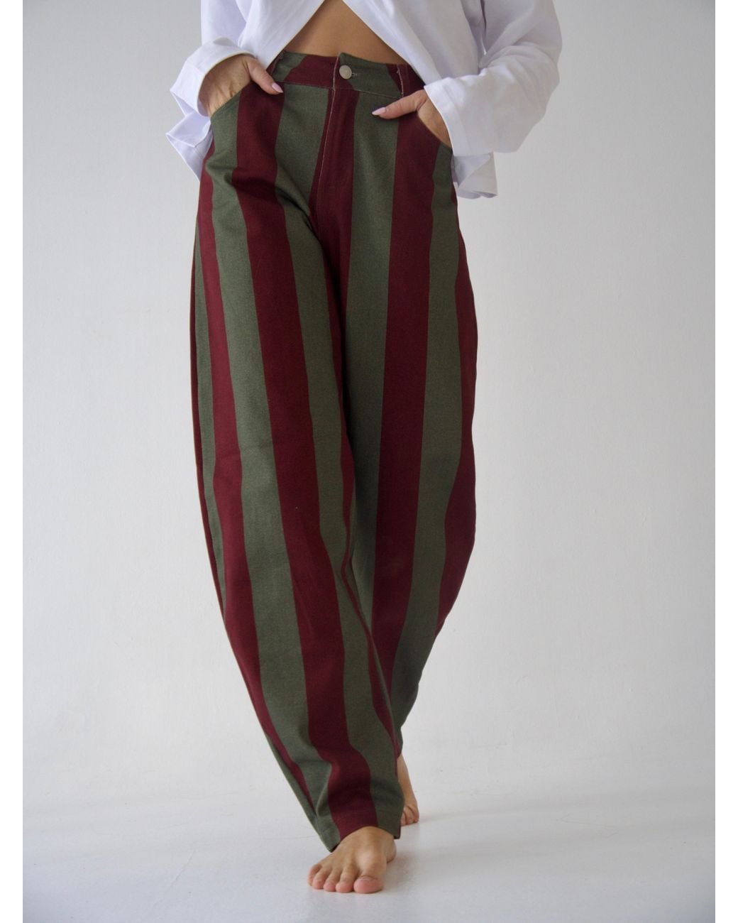 Mind Traveler Red Burgundy & Khaki Striped Clarissa Balloon Jeans
