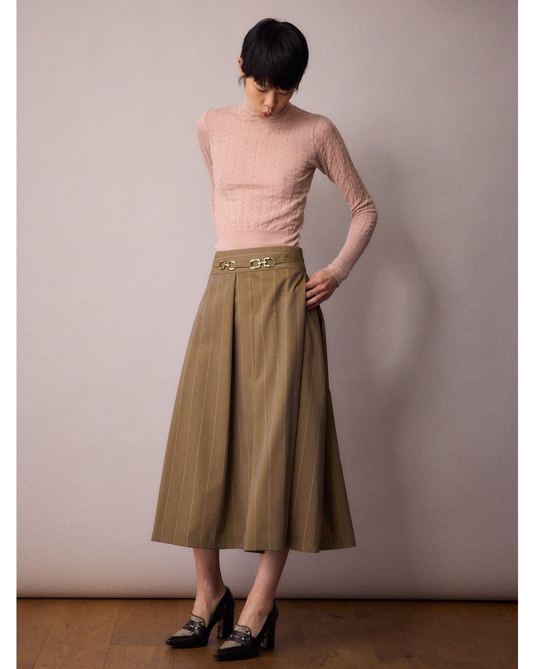 Amanda Thompson Couture Brown Marlo Box Pleat Skirt Sand Pinstripe