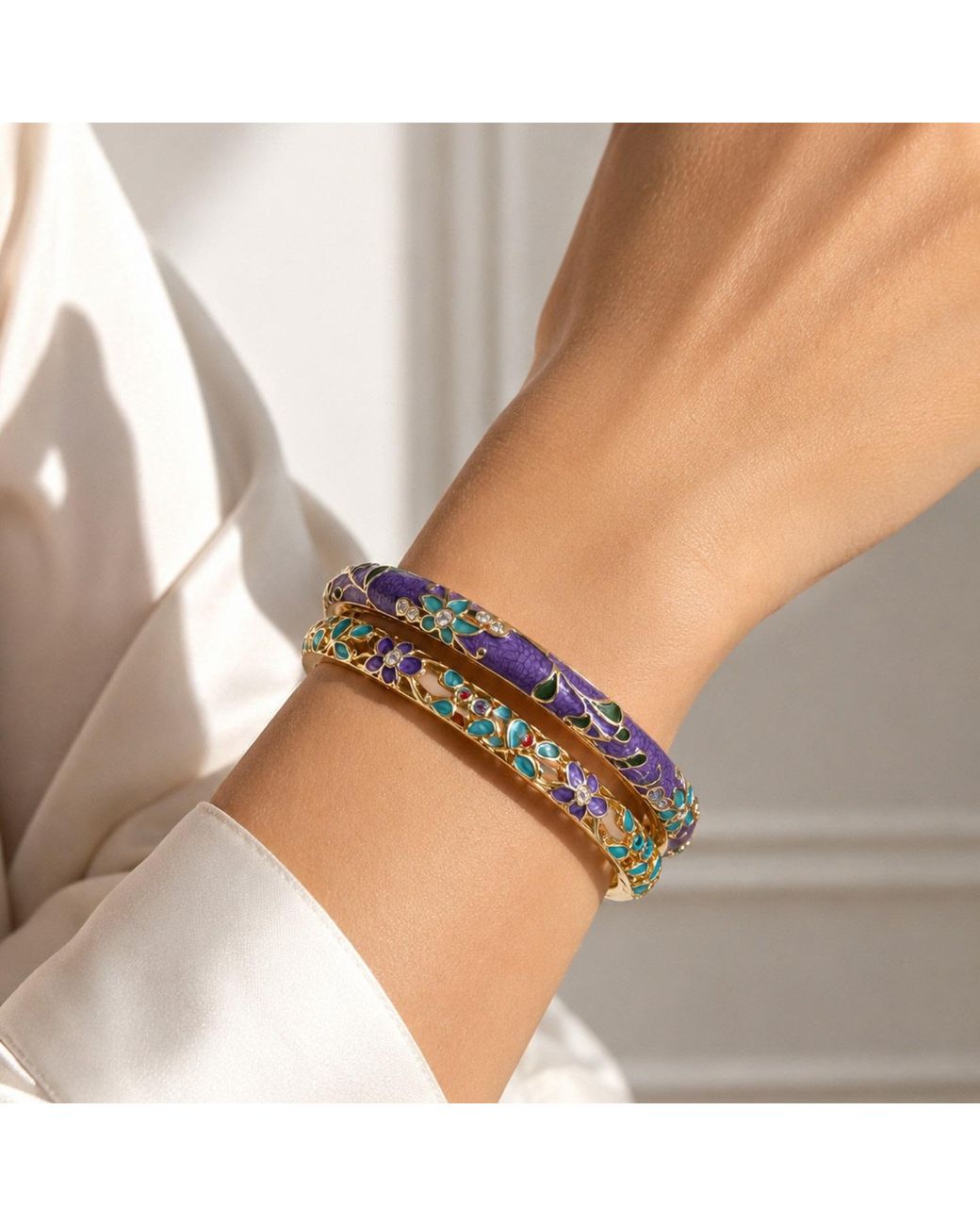 Nuvv Collection Metallic Pastel Floral Enamel Bangle Set