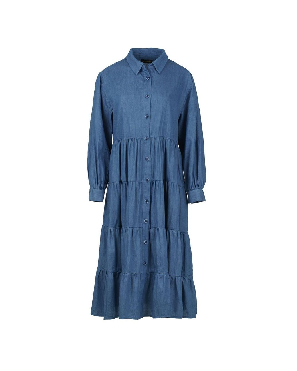 Conquista Blue Cotton Denim Long Sleeve Tiered Dress With Buttons
