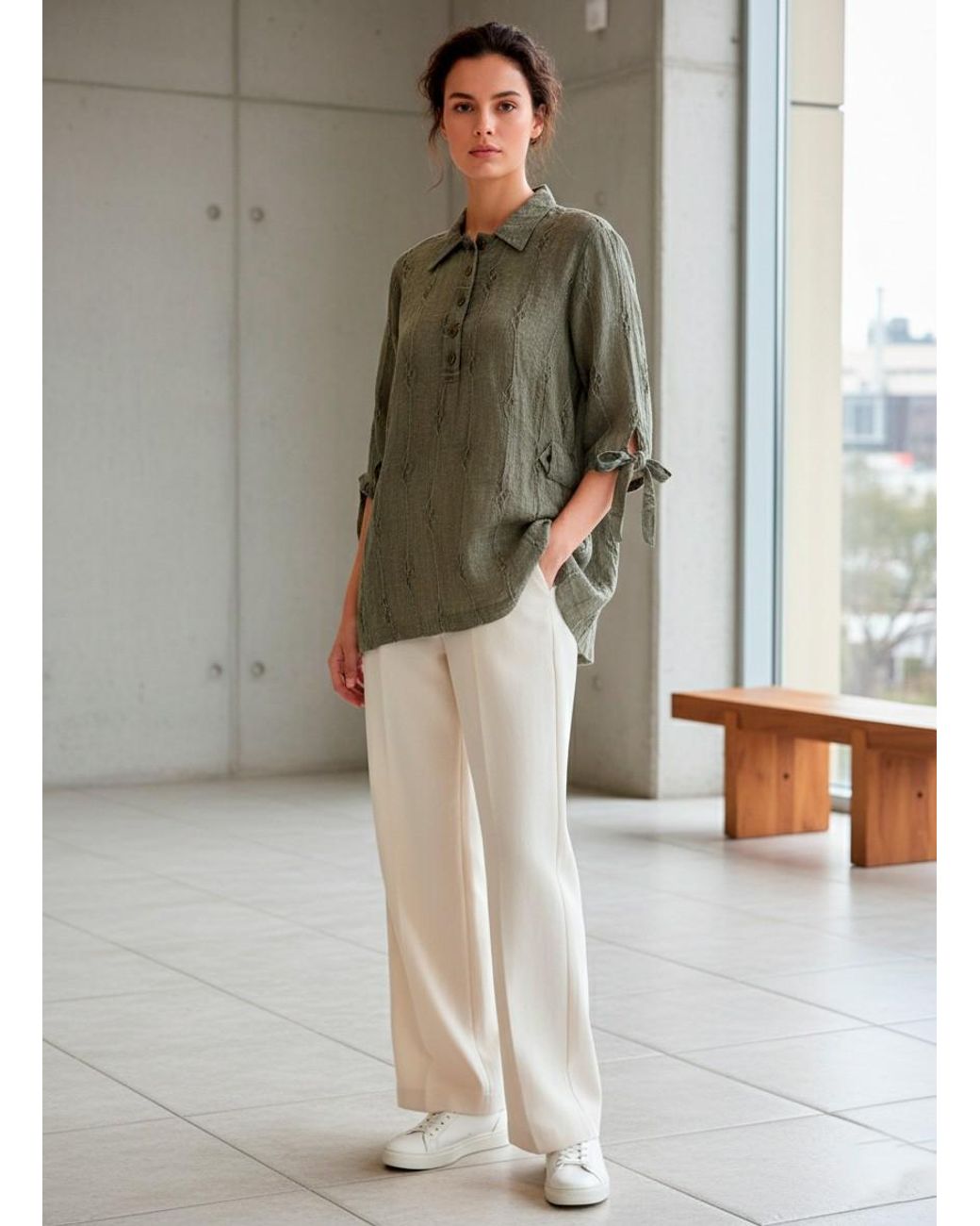 Conquista Green Textured Tunic Shirt With Tie Sleeves