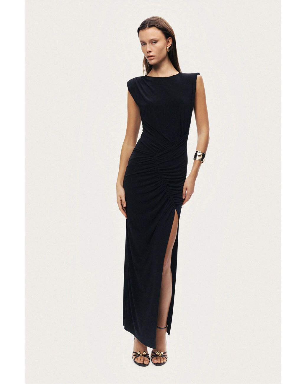 Nocturne Black Ruched Side-Slit Maxi Dress