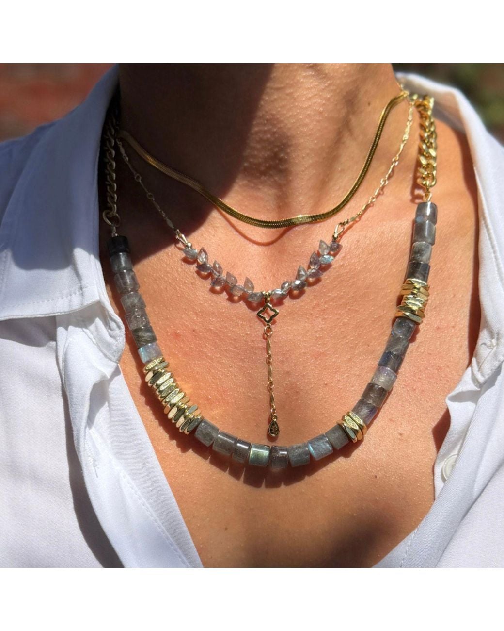 Rachel Nathan Metallic Labradorite Barrel & Brass Heishi Necklace