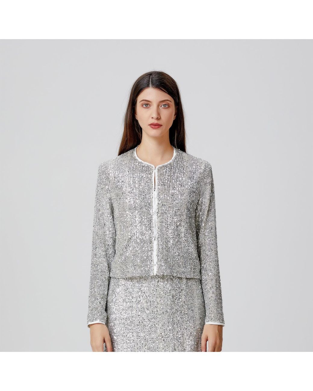 Smart and Joy Gray Rhinestone Jacket With A Round Neckline