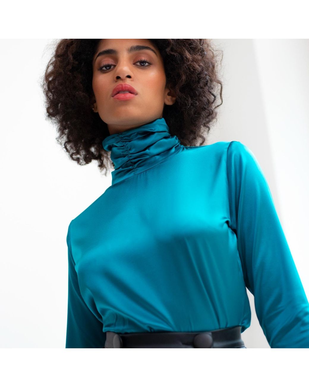 Monique Singh Blue Silk Turtleneck Top