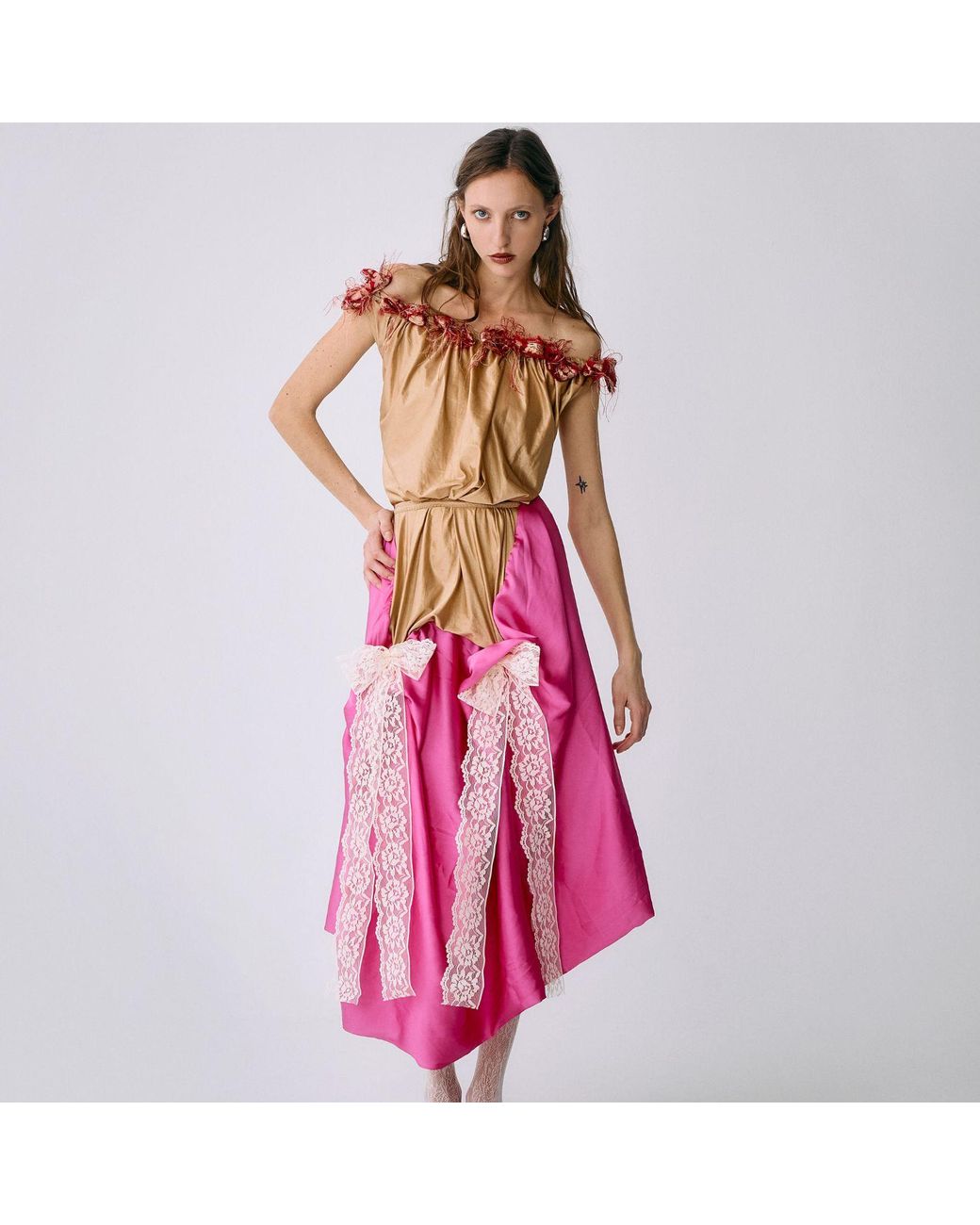 Miro Misljen Pink Off-Shoulder Romantic Midi Dress