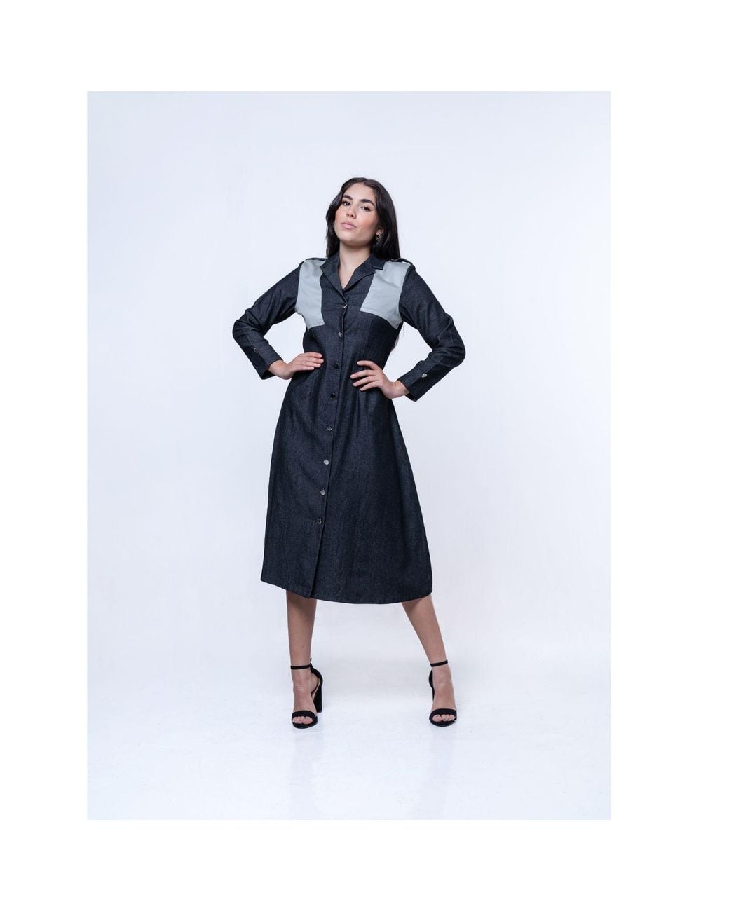 House of Gl Blue Hematite Dark Wash Denim A-Line Midi Shirt Dress With Contrast Cotton Panels