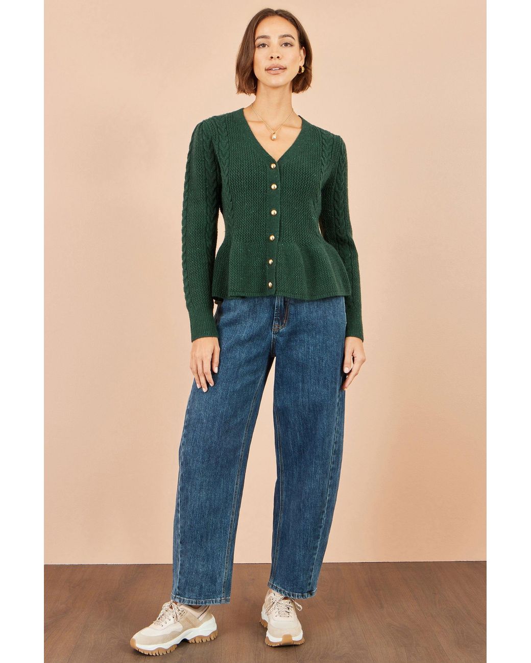 Yumi' Green Cable Knit Peplum Cardigan
