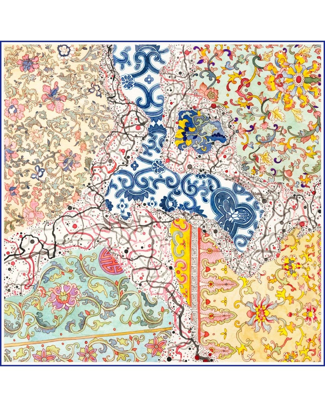 Wenzi Blue Tapestry Of Time Hand Painted Mulberry Silk Square Scarf