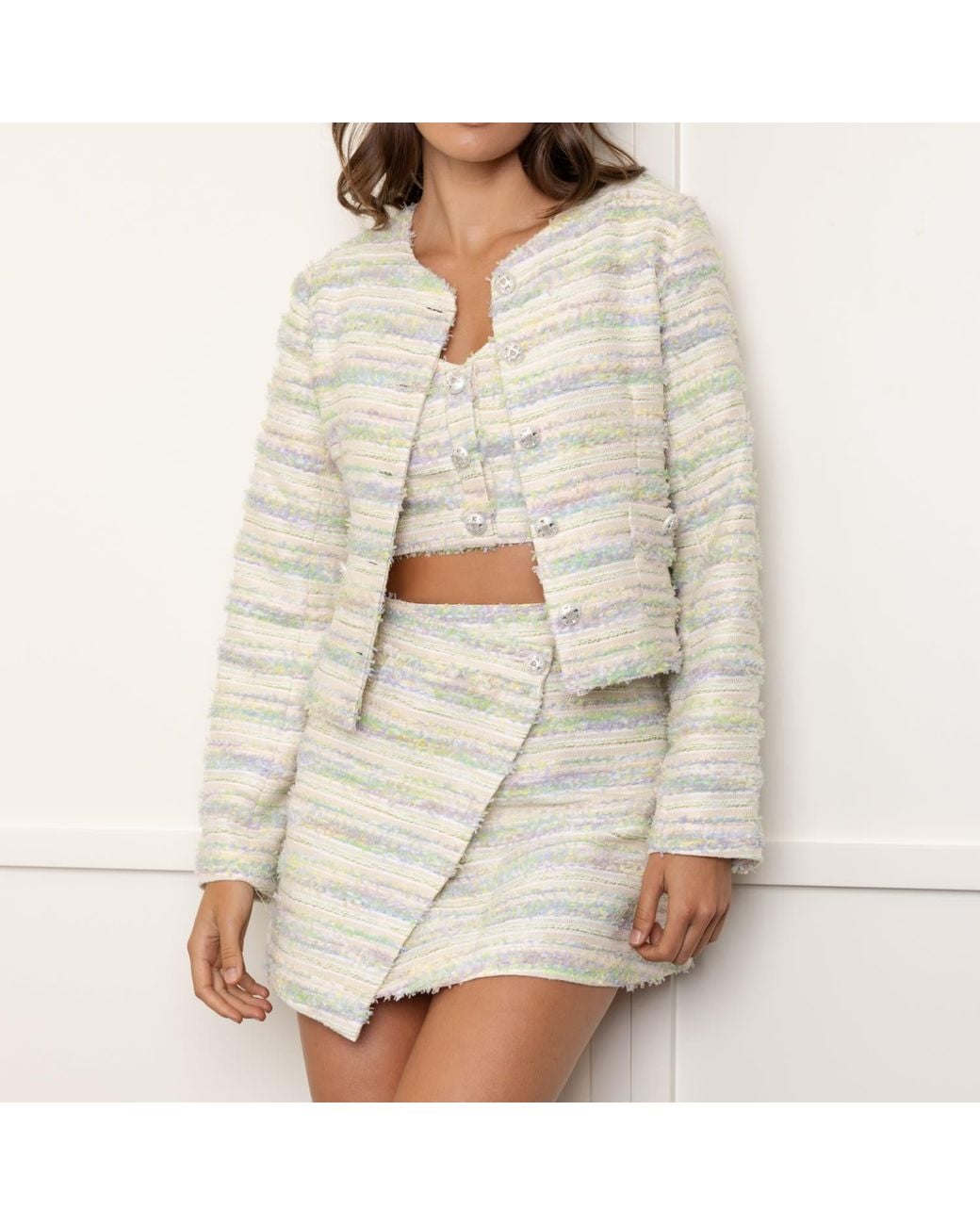 Riviera Soirée Gray Abby Round-Neck Tweed Jacket