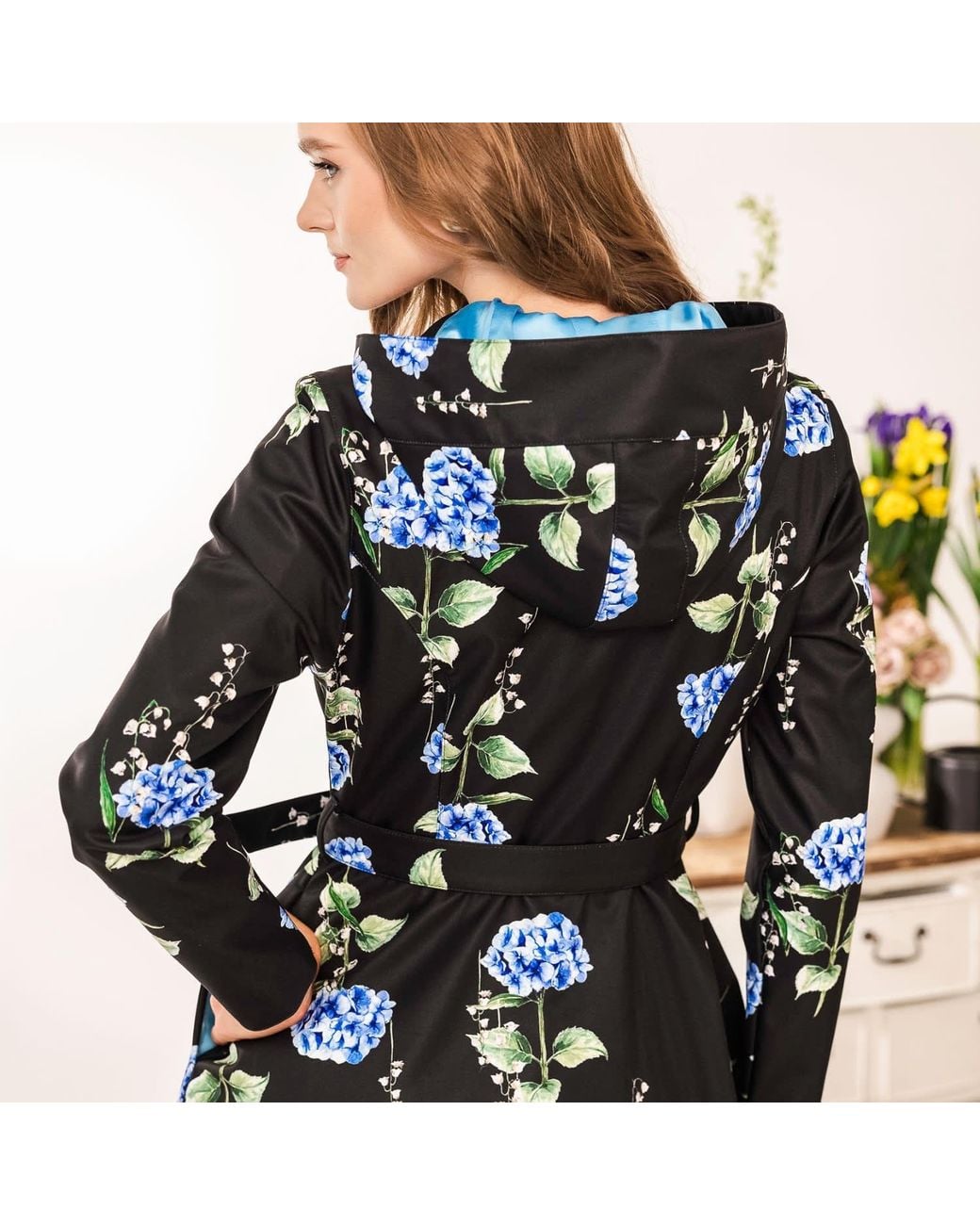 RainSisters Black Floral Trench Coat: Flower Moon