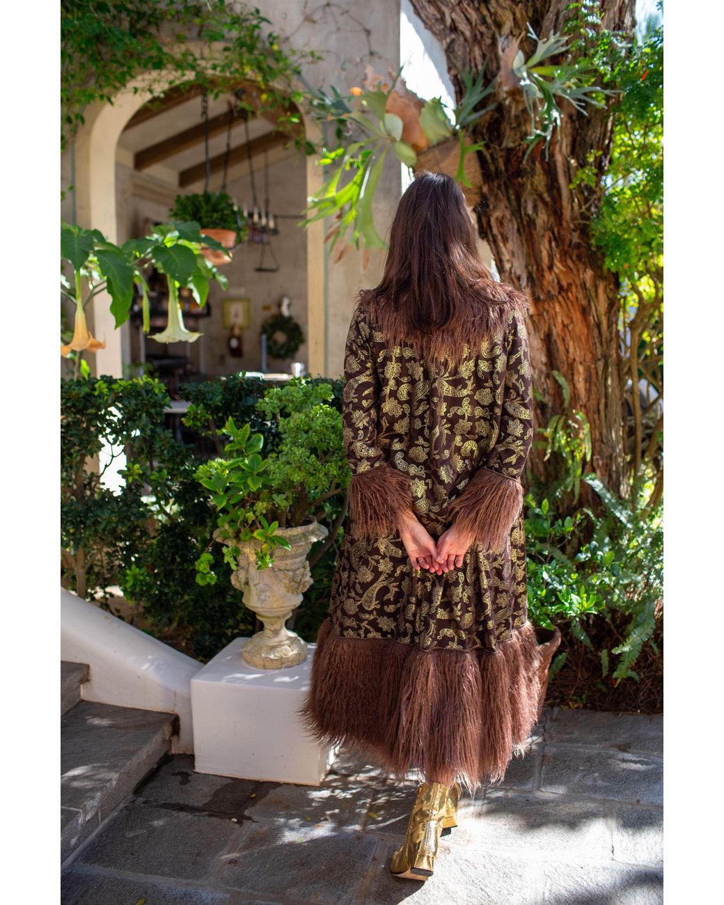 Jennafer Grace Brown Penny Deluxe Filigree Morena Faux Fur Trim Coat