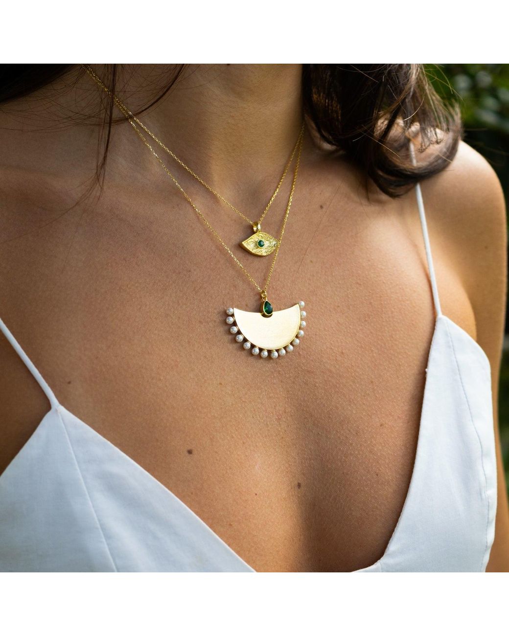 Ebru Jewelry Metallic Cleopatra Moonlight Emerald & Pearl Necklace
