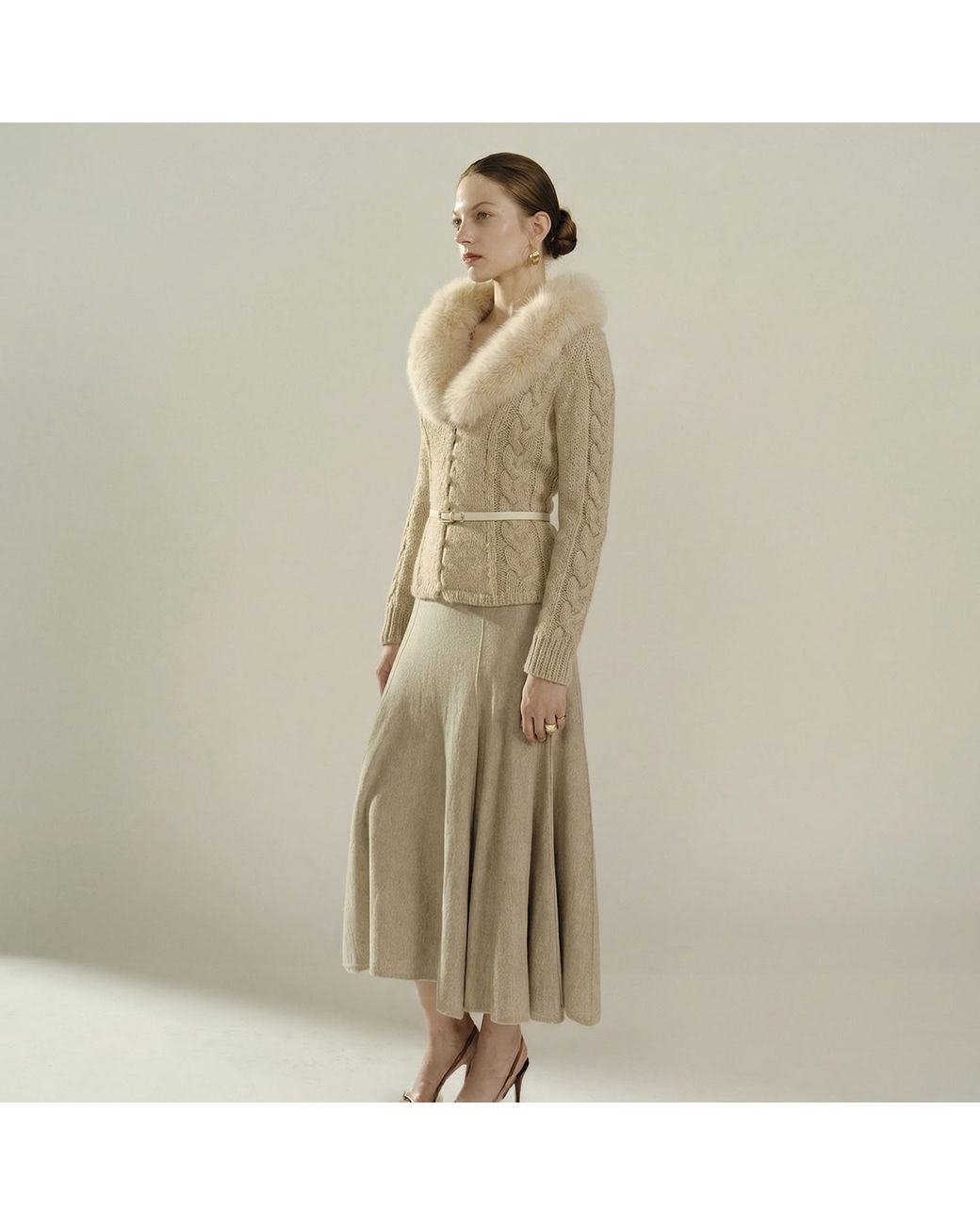 Belsize25 Natural Neutrals Cashmere-Blend Faux Fur Collar Cable-Knit Cardigan