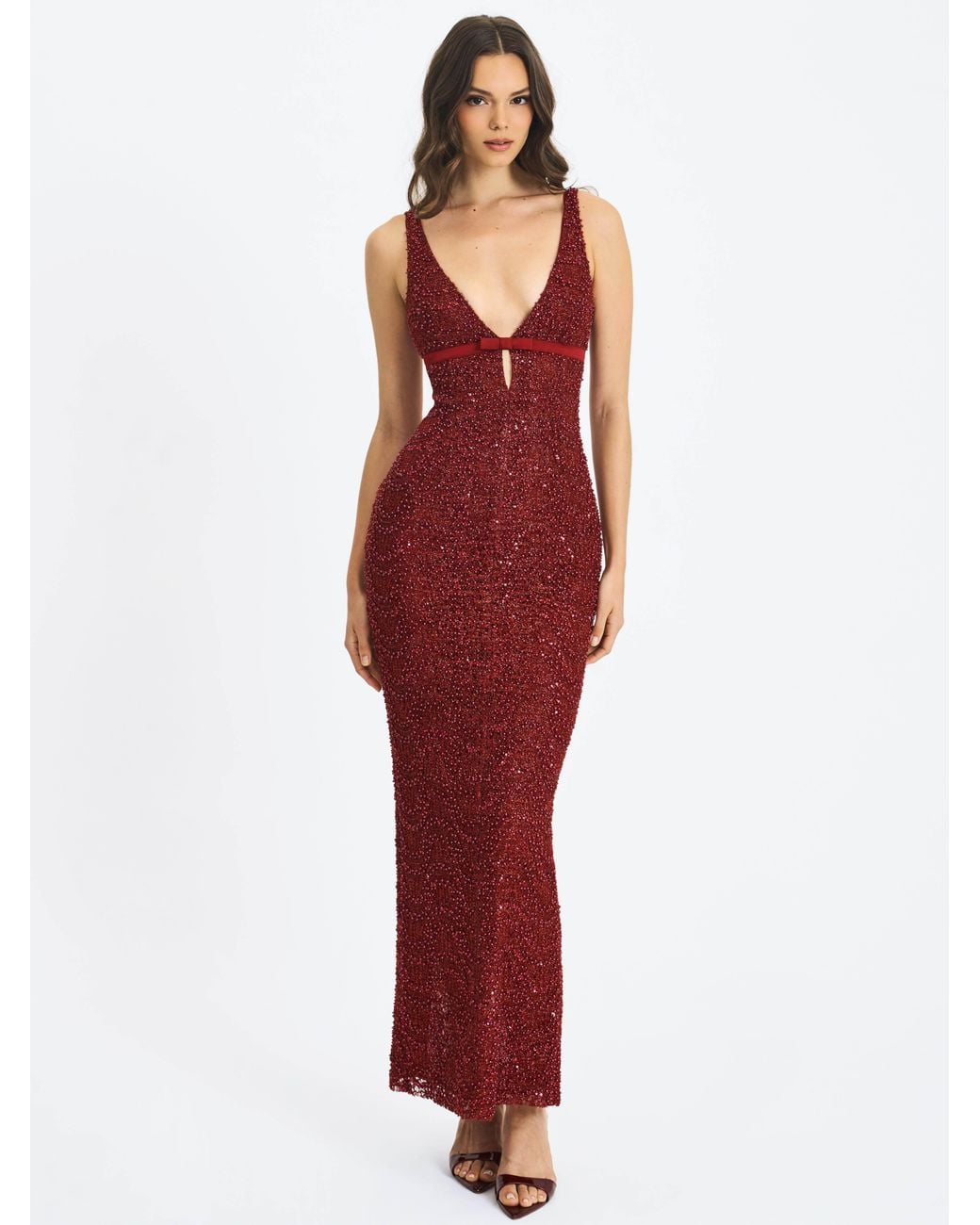 Miss Circle New York Red Elora Crimson Sequin Beaded Keyhole Maxi Dress