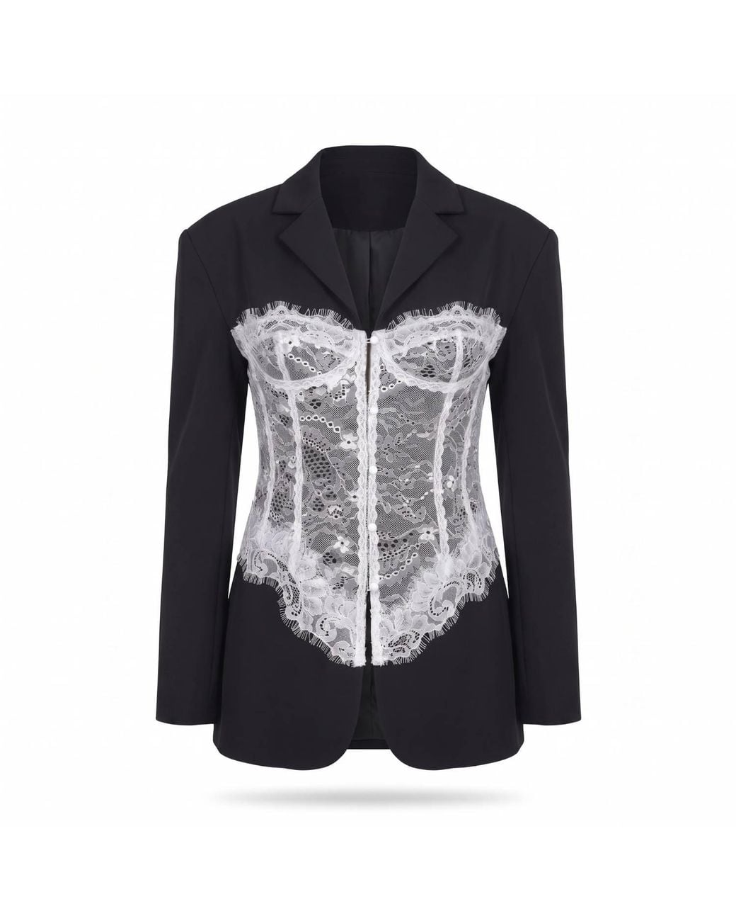 Modenaire Black Lace Corset Detail Blazer With Tailored Fit And Button Front