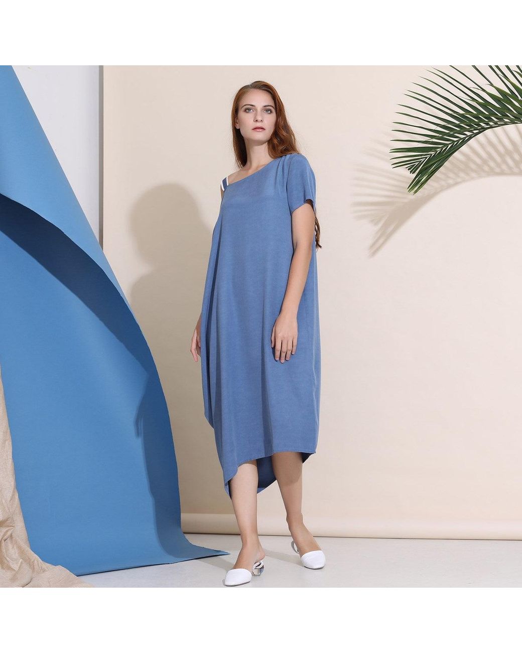 Smart and Joy Blue Asymmetrical Minimalist Cupro Fitted Dress