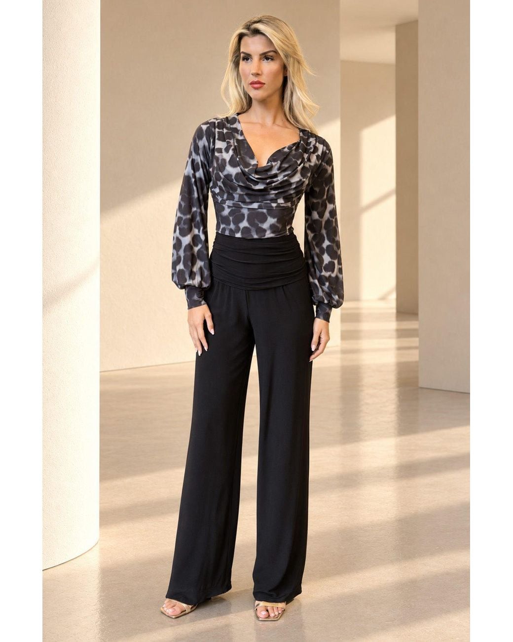 Atom Label Black Indium Cowl Neck Bell Sleeve Jumpsuit