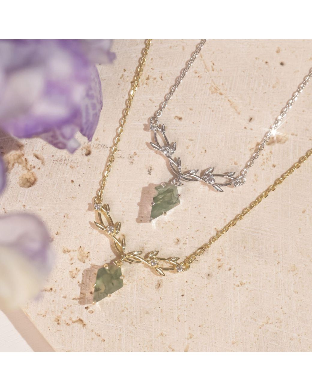Azura Jewelry New York Metallic Elven Entwine Moss Agate Necklace Vermeil