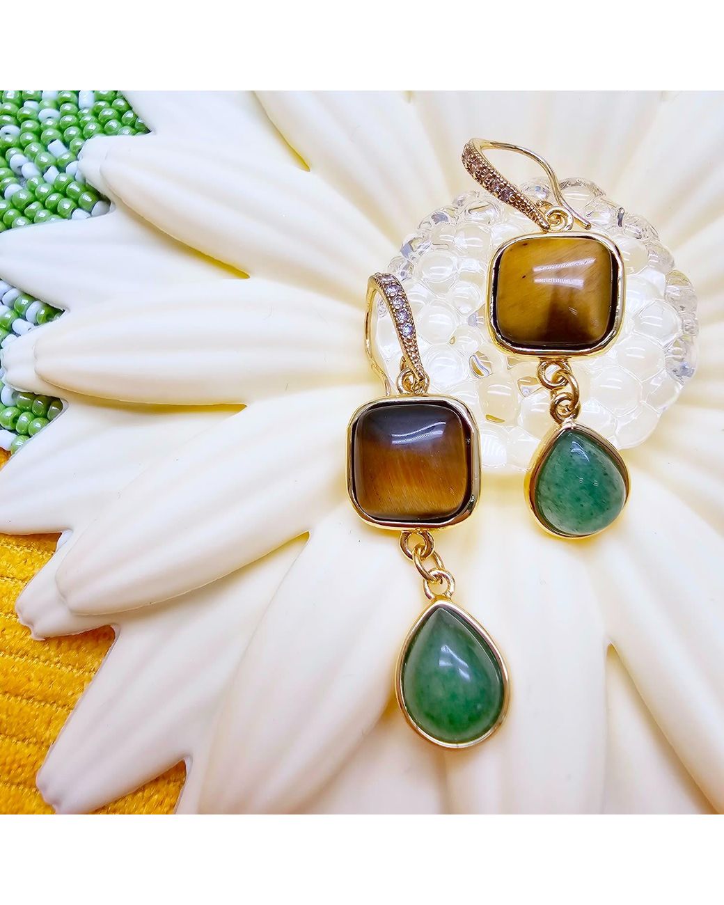 Farra Green Tiger-Eye Stone And Teardrop Aventurine Dangle Earrings