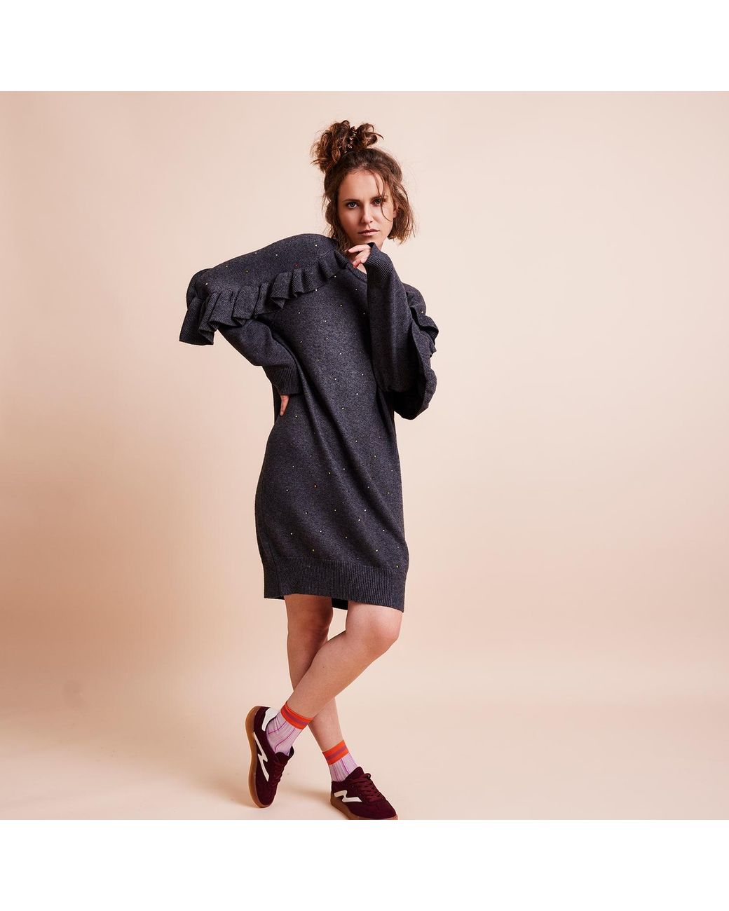 Maison Wanda Gray Dropped Ruffle Dress