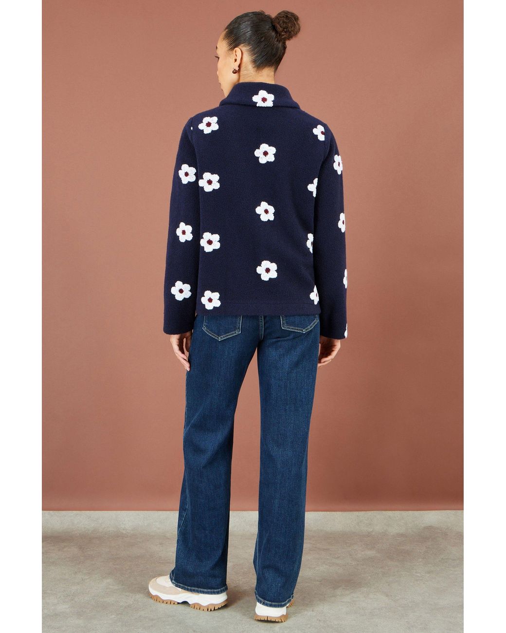 Yumi' Blue Embroidered Daisy Fleece Jacket