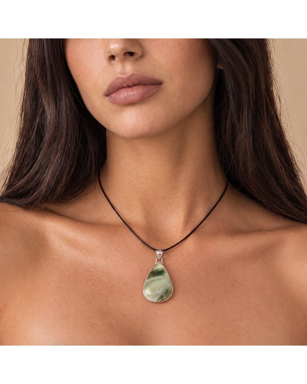Saéa Green Sage And Cream Serpentine Teardrop Pendant Necklace On Leather Cord